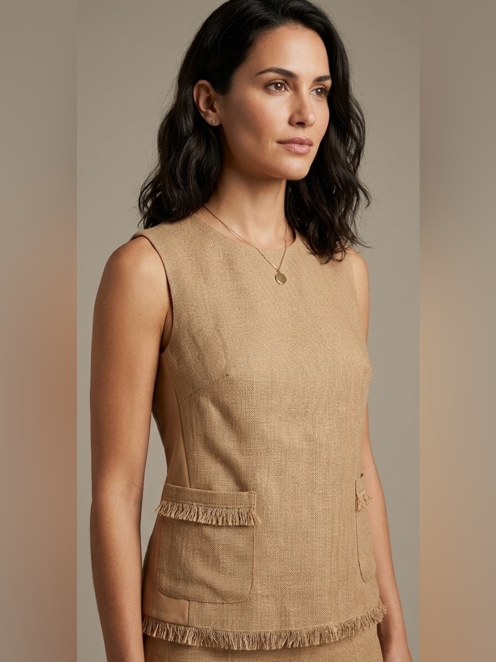 Max Mara Burlap-Texture Linen Fringe Sleeveless Top Beige Brownโ Tan size S